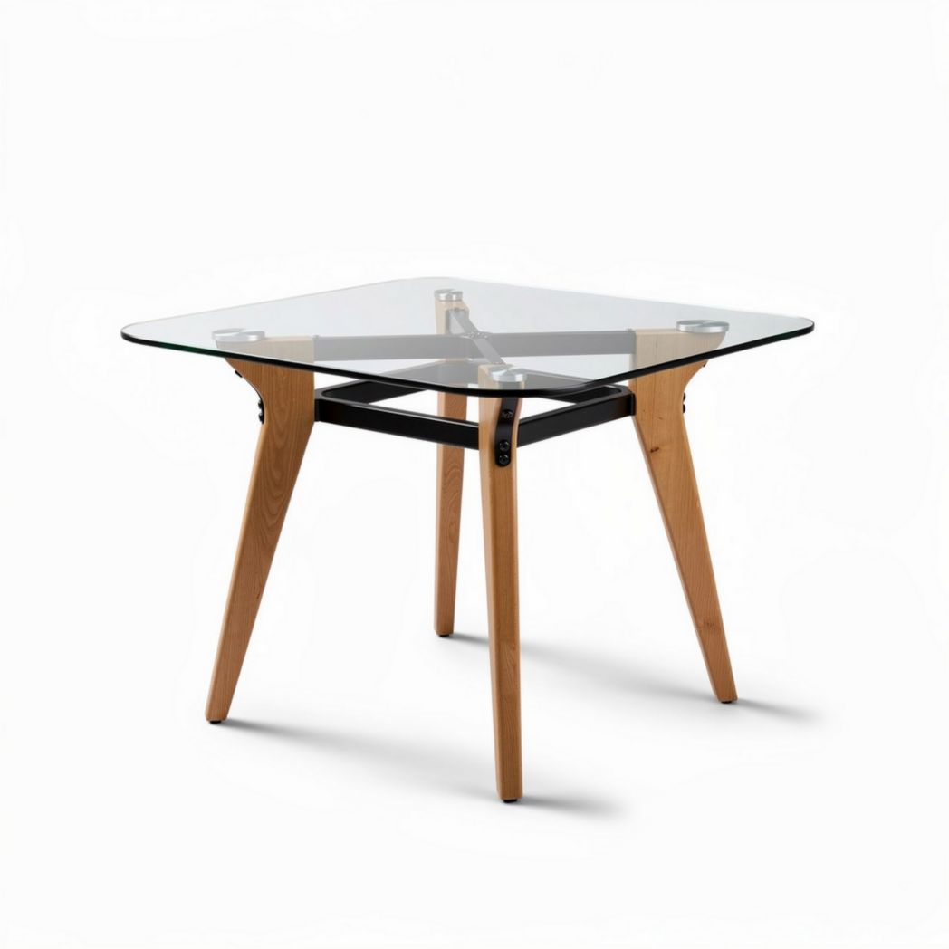 Glass top dining table with wooden legs and metal accents 80 x 80 x 75cm