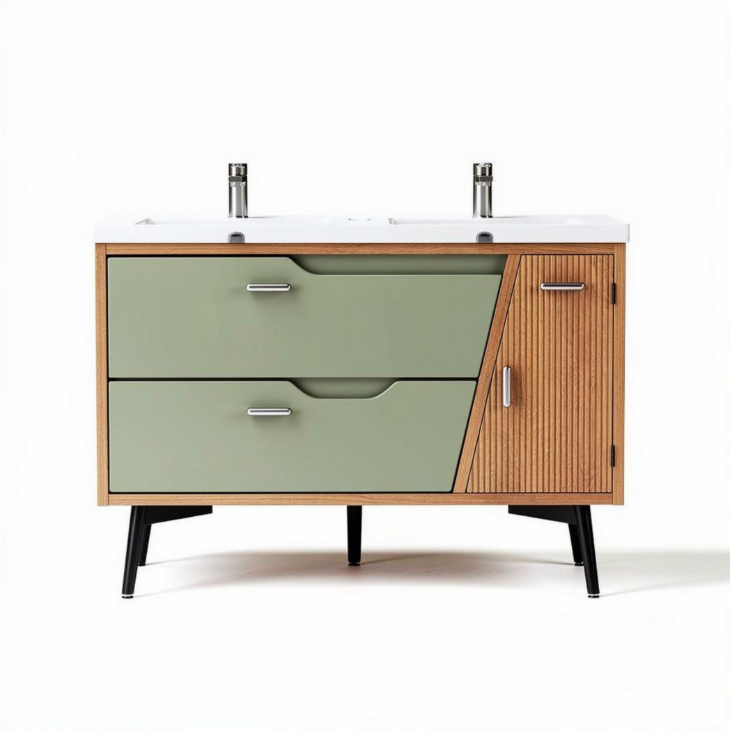 Modern double sink bathroom vanity with green and wood finish 100 x 50 x 85cm