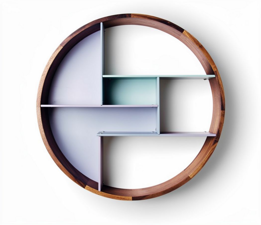 Round wooden wall shelf with geometric partition design 60 x 60 x 10cm