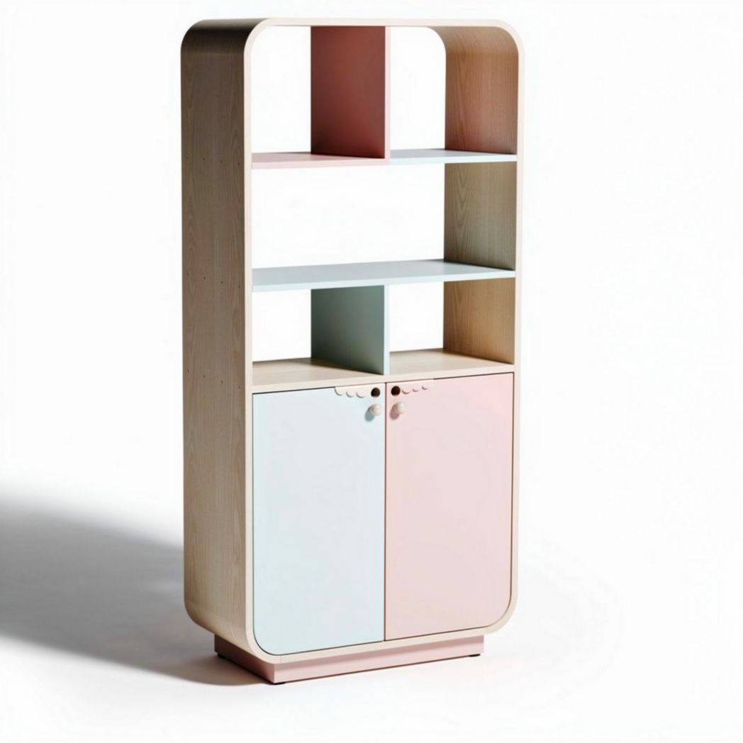 Wooden bookshelf with two doors and three open shelves in pastel colors 30 x 15 x 75cm