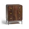 Wooden nightstand with three drawers and metal legs in walnut finish