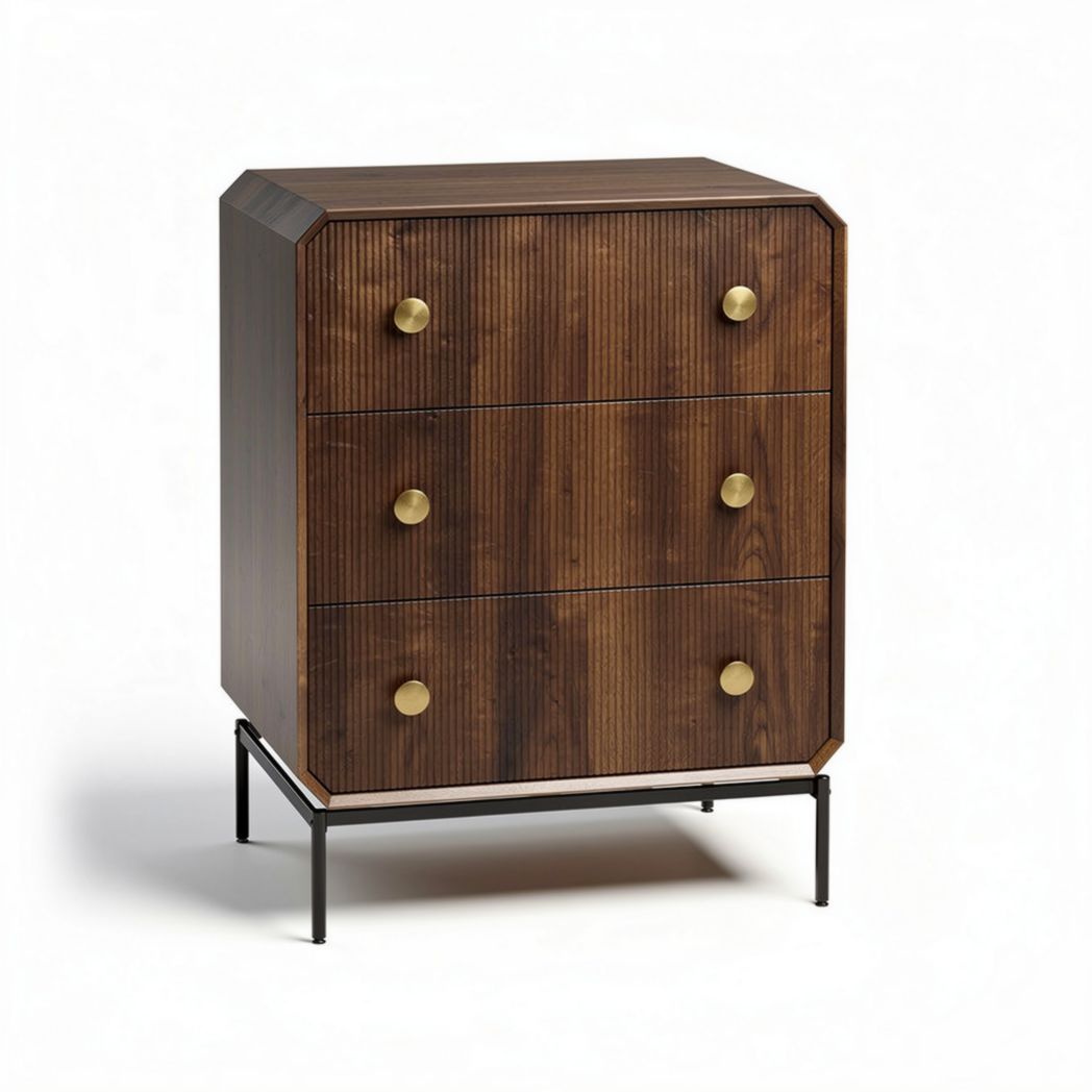 Wooden nightstand with three drawers and metal legs in walnut finish