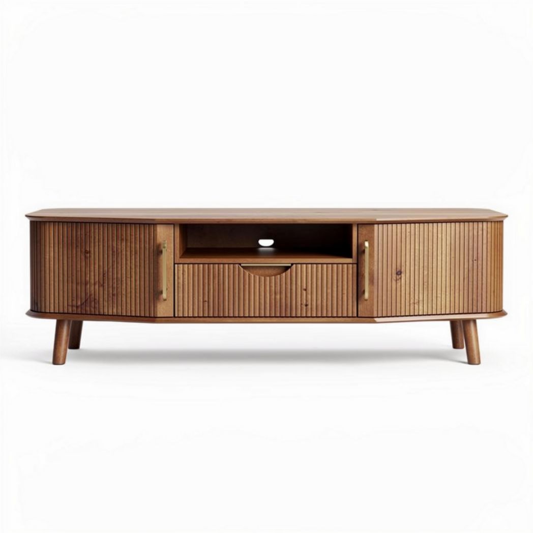 Wooden television stand with storage cabinet in natural finish 150 x 40 x 50cm