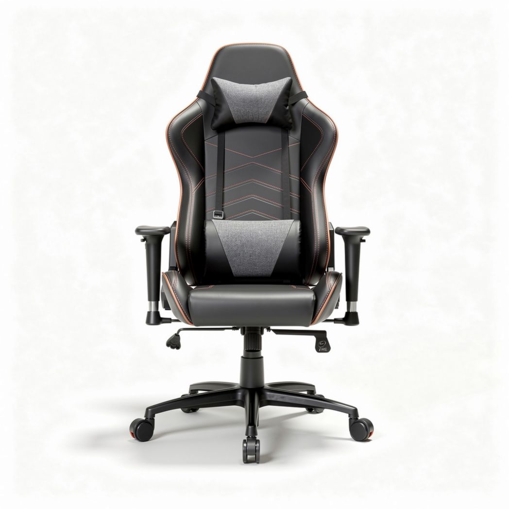 Racing style adjustable gaming chair with ergonomic design and black grey upholstery