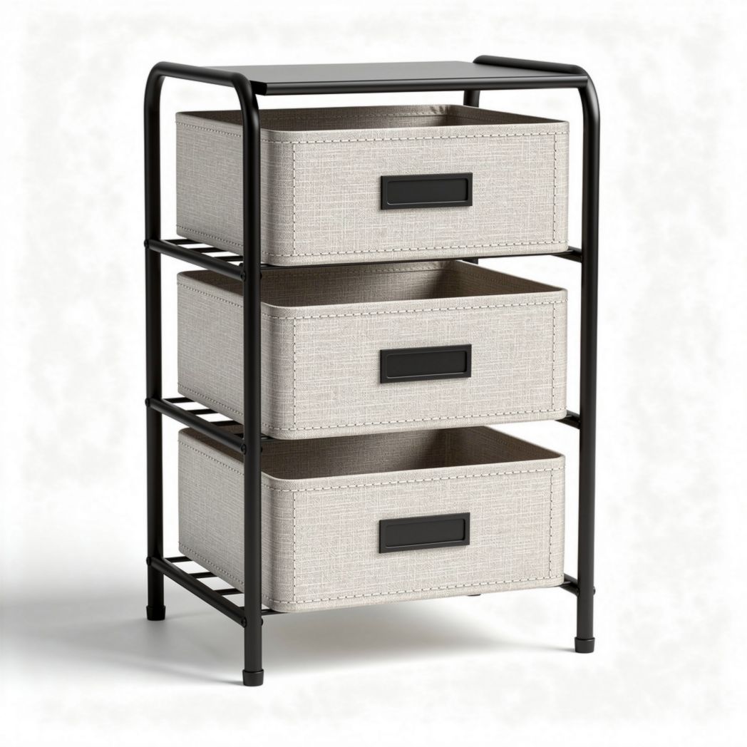 Fabric storage organizer with three removable bins and metal frame 60 x 30 x 70cm