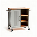Wood top rolling kitchen cart with gray storage cabinet and shelves 80 x 50 x 85cm