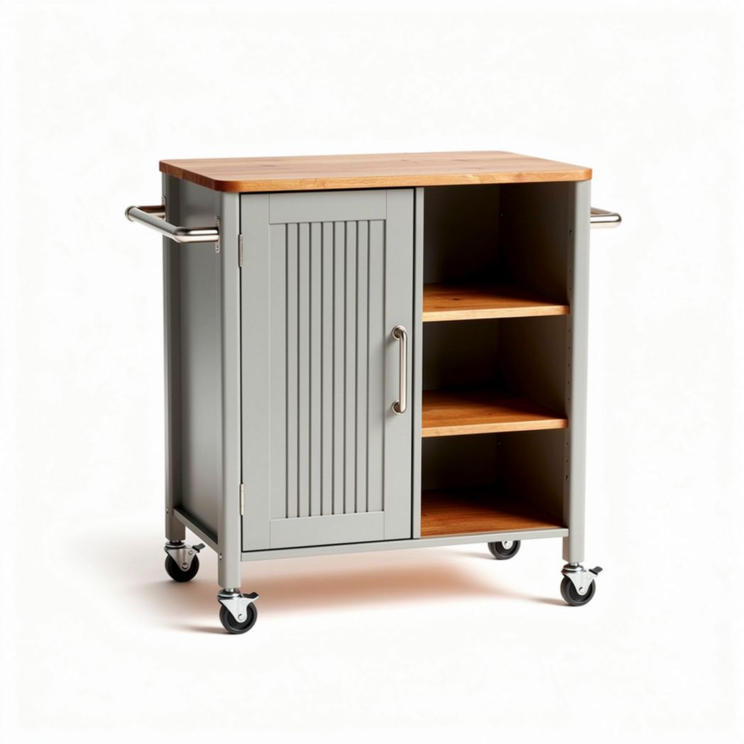 Wood top rolling kitchen cart with gray storage cabinet and shelves 80 x 50 x 85cm