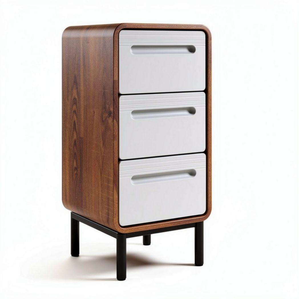 Wooden nightstand with three drawers and black metal legs 40 x 30 x 75cm