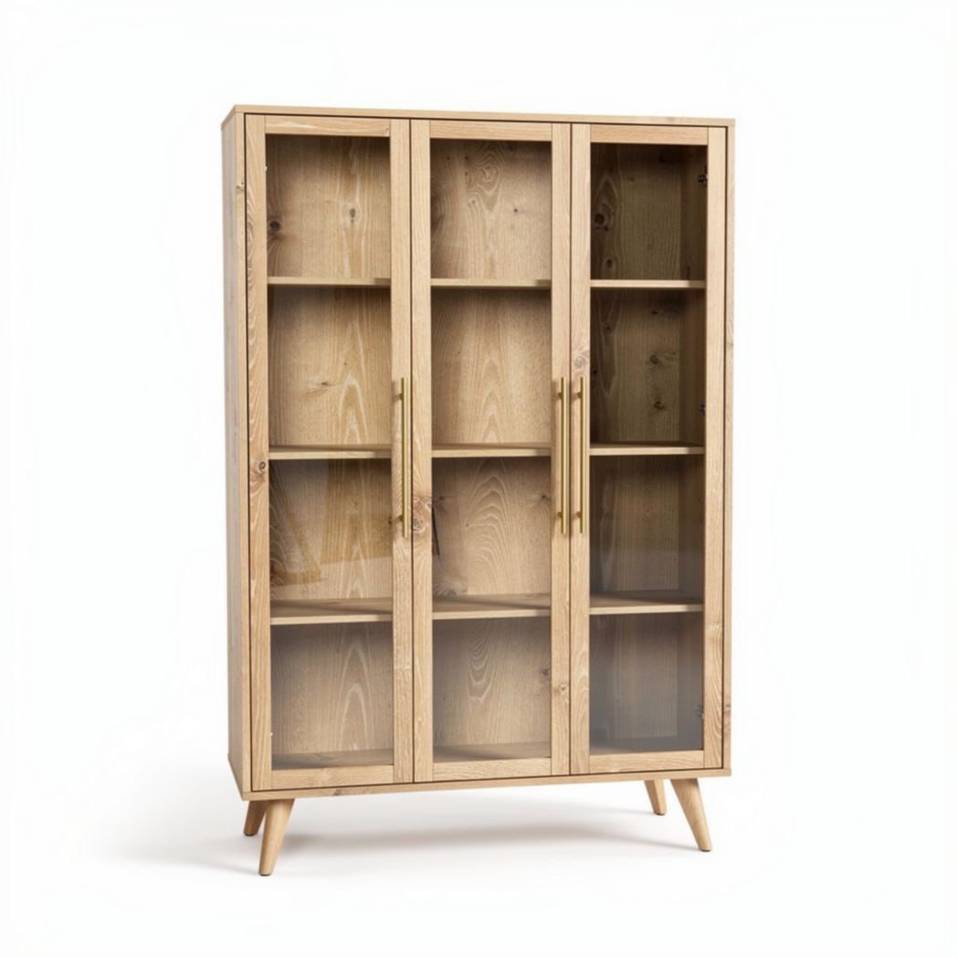 Wooden display cabinet with glass doors 180 x 90 x 40cm natural finish