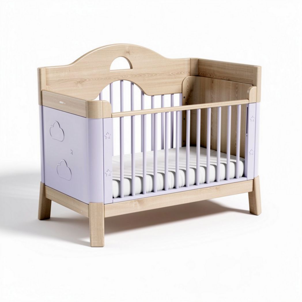 Wooden crib for infants with purple accents and removable mattress 120 x 60 x 90cm