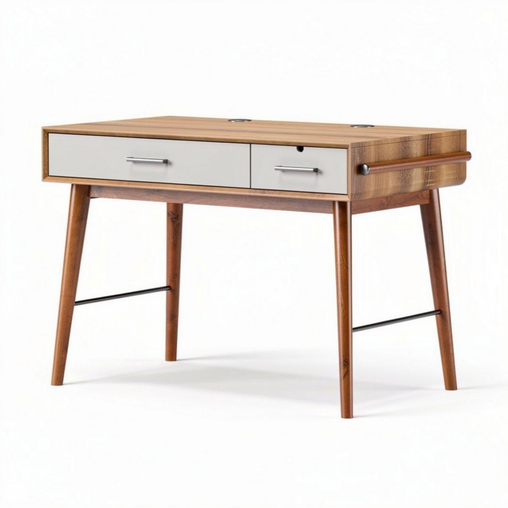 Wooden writing desk with one drawer and metal legs in walnut finish 120 x 60 x 75cm
