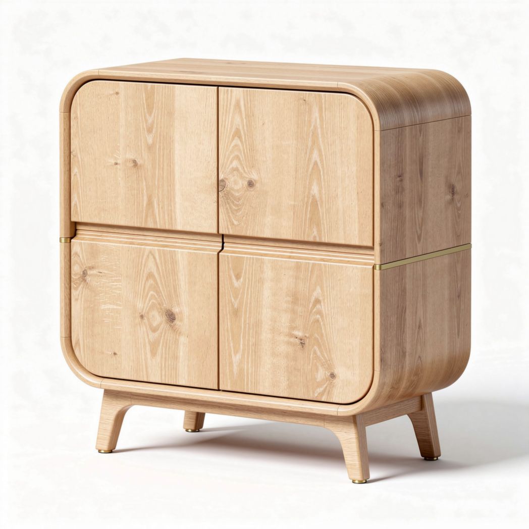 Natural wood storage cabinet with four doors and rounded corners 80 x 40 x 70cm